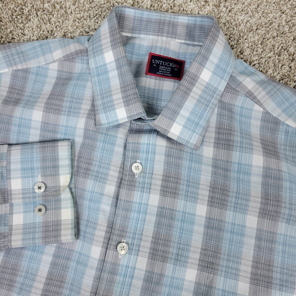Untuckit Wrinkle Free Mens Medium White Gray Blue Plaid Button Up Long Sleeve
